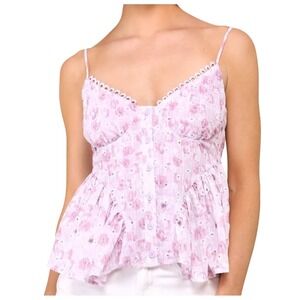 Lulus Enchanting Sweetie Lilac Floral Eyelet Button Up Cami Top Size Medium